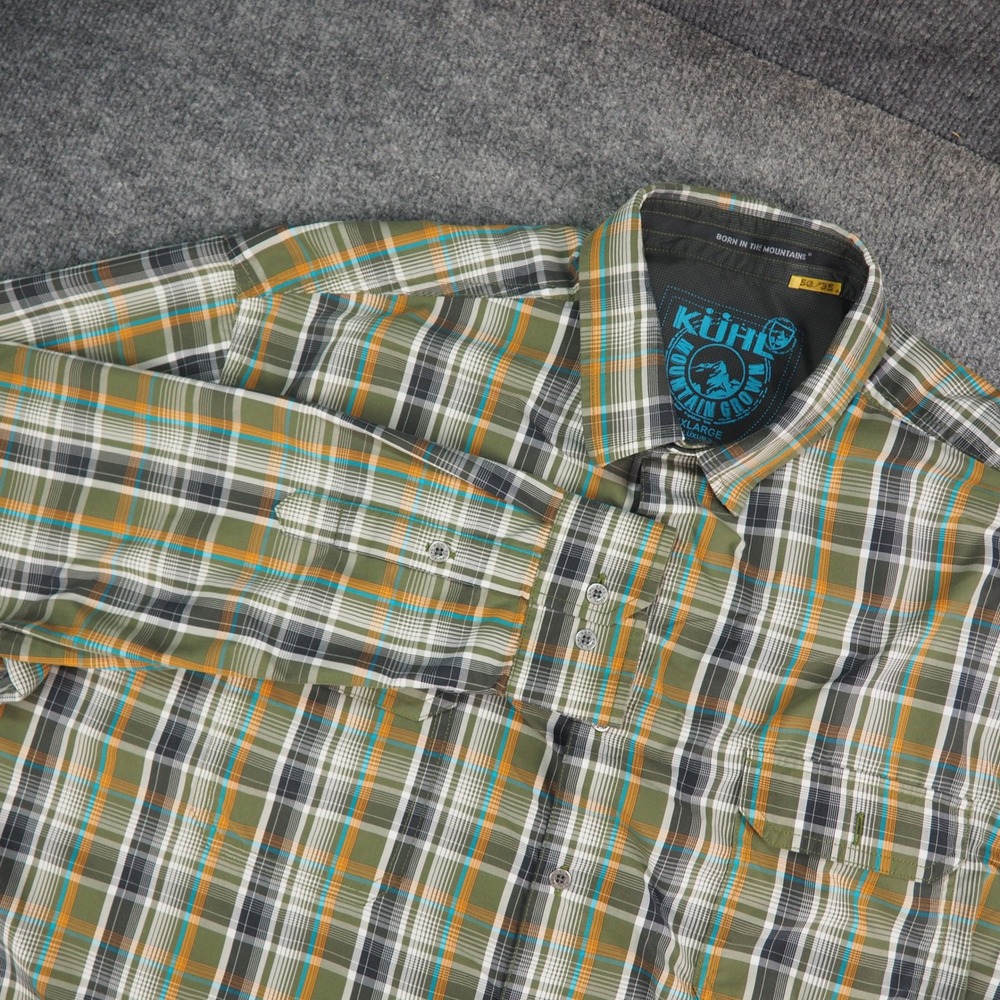 Kuhl Eluxur Shirt Mens 2XL Green Orange Plaid Ionik Hiking Outdoor Trail